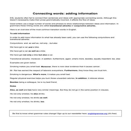 the CONNECTORS OF ADDITION for esl students | PDF