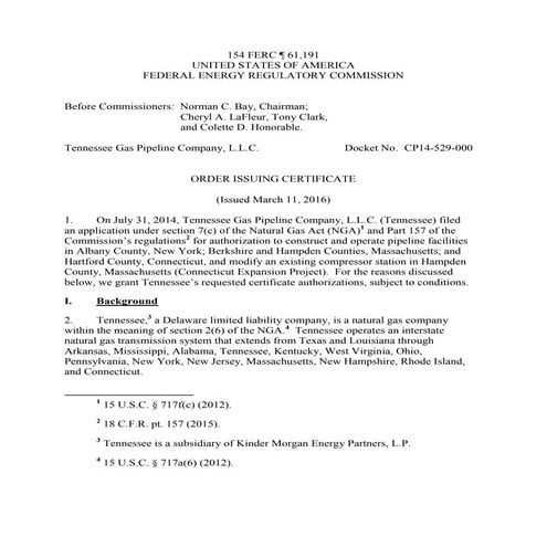 FERC Approval for Tennessee Gas Pipeline - Connecticut Expansion Project