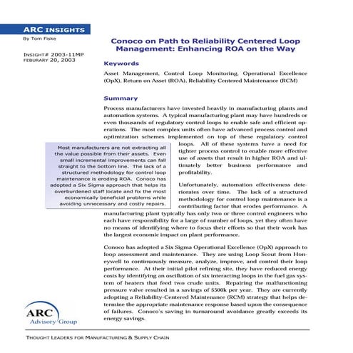 Conoco on Path to Reliability Centered Loop Management: Enhancing ROA on the Way