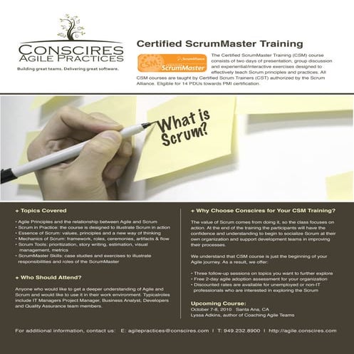 Certified ScrumMaster Training by Lyssa Adkins in Irvine