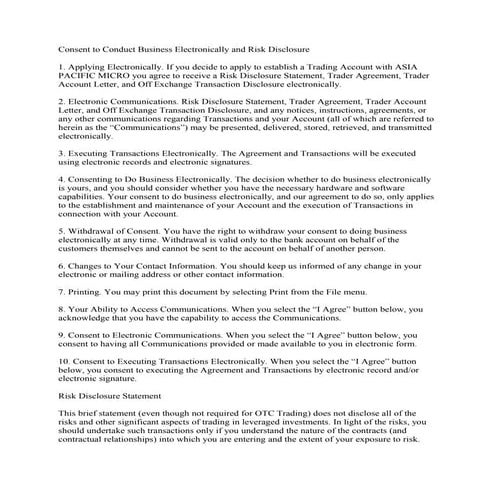 Consent to conduct business electronically and risk disclosure