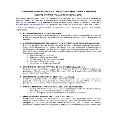Consideraciones para la importación de alimentos procesados a ecuador