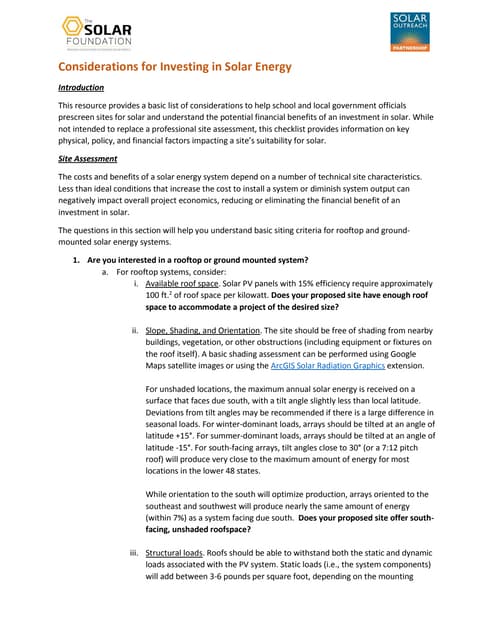 Considerations of Invetsing in Sola...