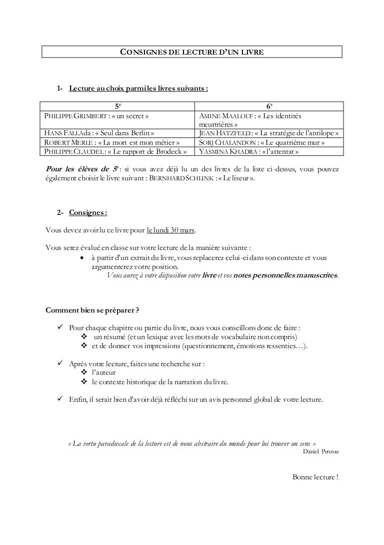 Consigne De Lecture D Un Livre
