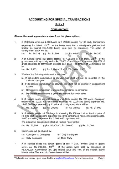CA-CPT Accounts Consignment Imp MCQs