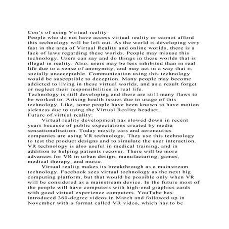 Con’s of using Virtual realityPeople who do not have access virt.docx