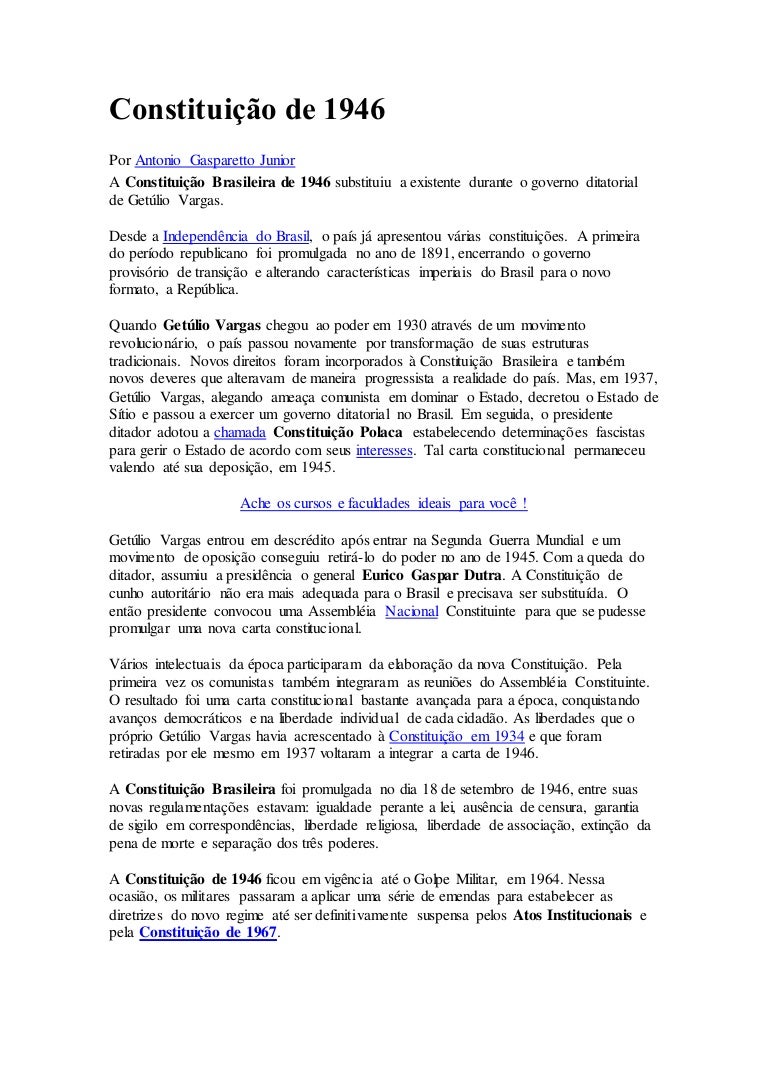 Cite Três Direitos Reconhecidos Na Constituição De 1946