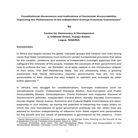 Constitutional governance and institutions of horizontal accountability