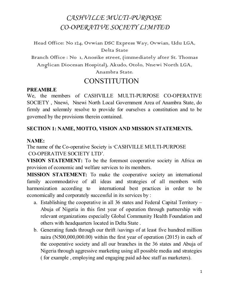 Constitution of cashville multi purpose cooperative society limited
