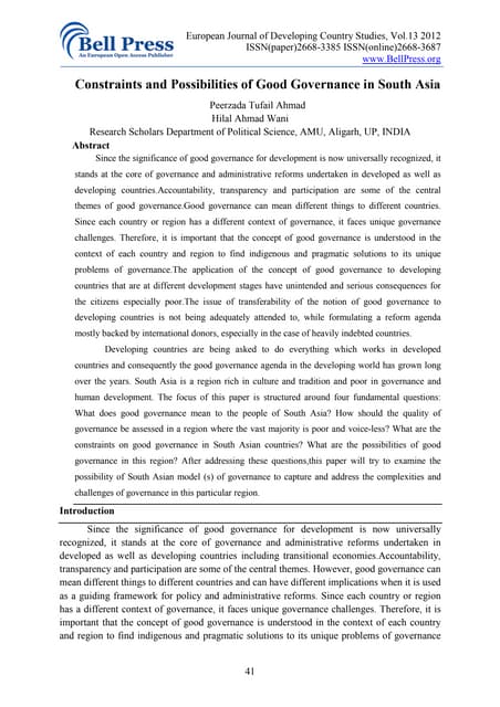Constraints and possibilities of good governance in south asia