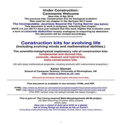 Construction kits for evolving life -- Including evolving minds and mathemati...