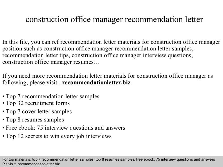 construction office manager recommendation letter sample letter of recommendation for office manager