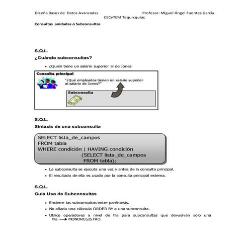 Consultas  anidadas o subconsultas oracle