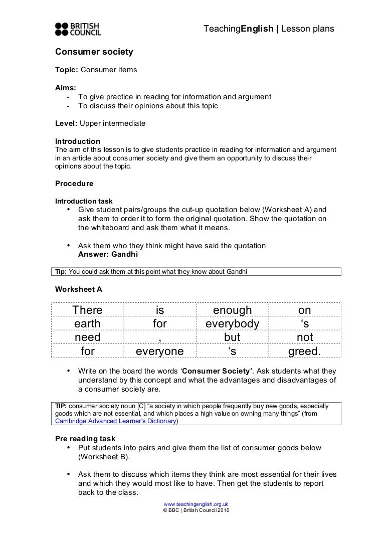 worksheet Gandhi Worksheet consumer society lesson plan 0