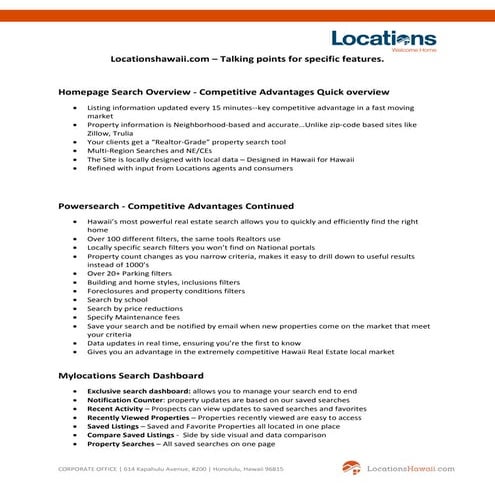 Consumer facing talking points for specific features of the new locations haw...