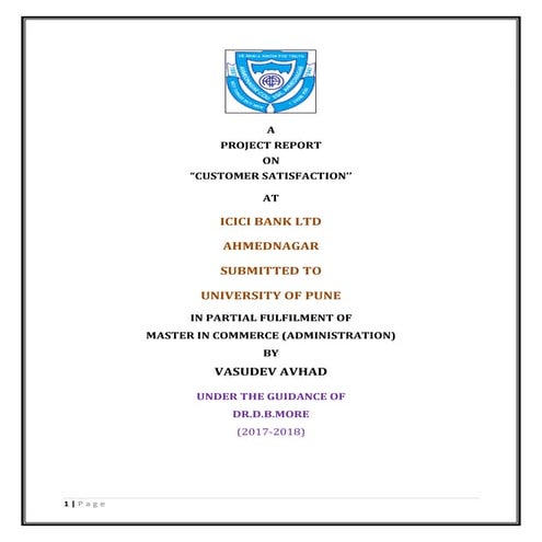 CUSTOMER Satisfaction ICICI Bank Project BY Vasudev