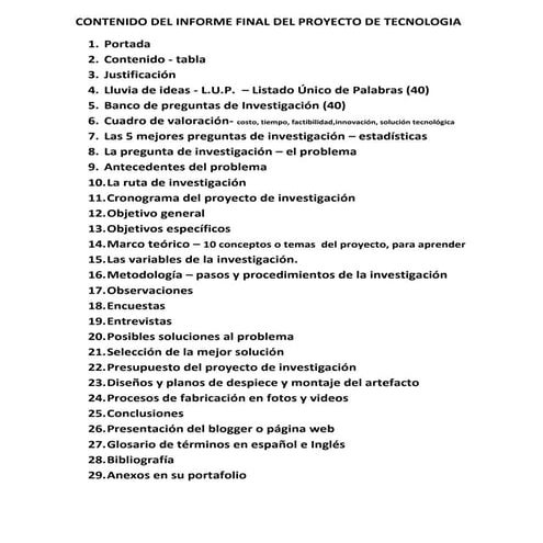 Contenido del informe final del proyecto de tecnologia