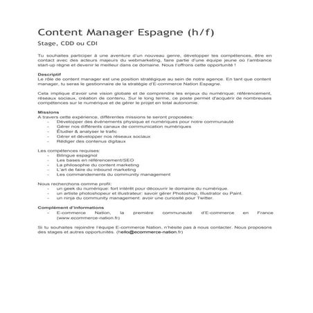 Content manager espagne - CDD ou CDI - Ecommerce Nation