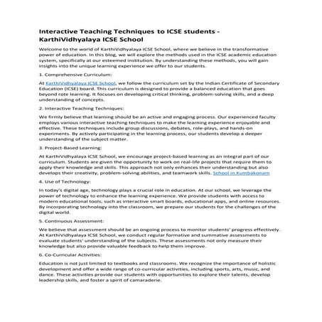 Interactive Teaching Techniques to ICSE students - KarthiVidhyalaya ICSE School