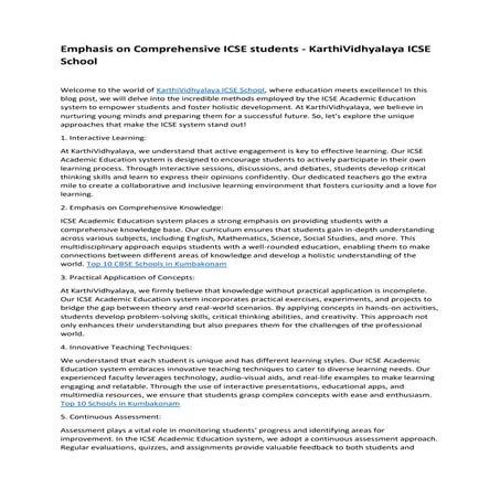 Emphasis on Comprehensive ICSE students - KarthiVidhyalaya ICSE School