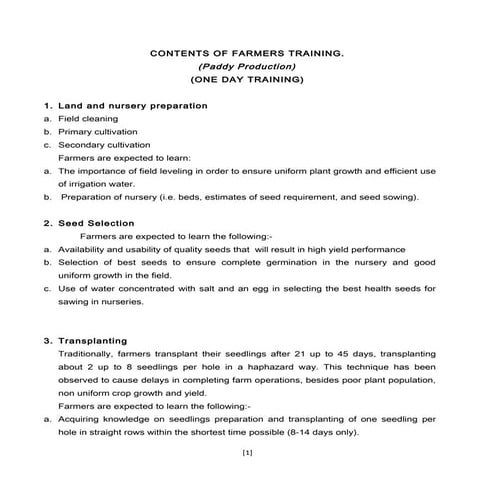 Contents of farmers training