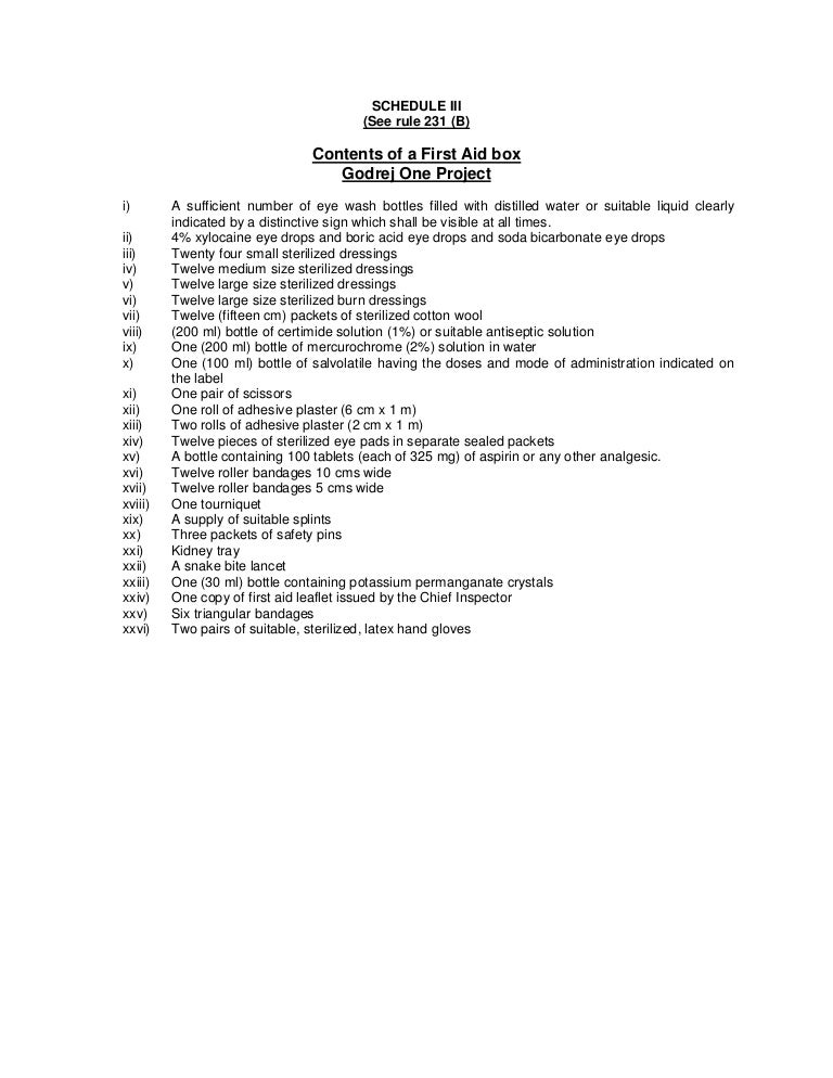 Contents of first aid box bocw