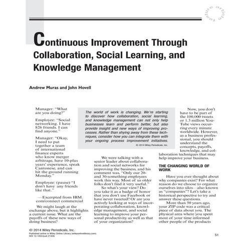 Continuous Improvement thruogh Knowledge Management, Social Learning and Coll...