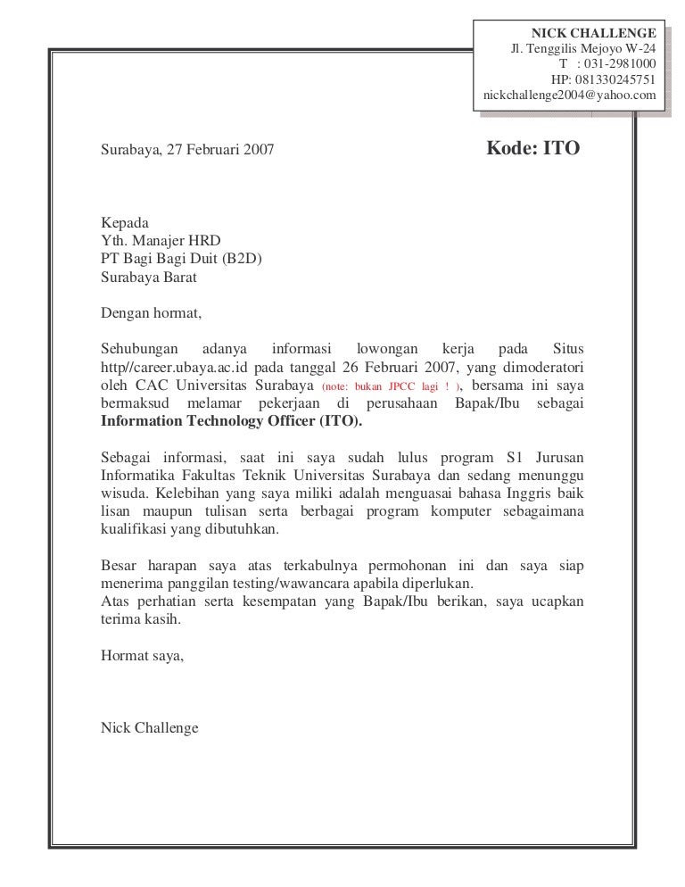 Contoh Lamaran Pekerjaan Contoh Lamaran Pekerjaan