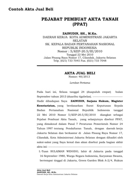 Contoh Akta Pembagian Hak Bersama (APHB) | DOCX