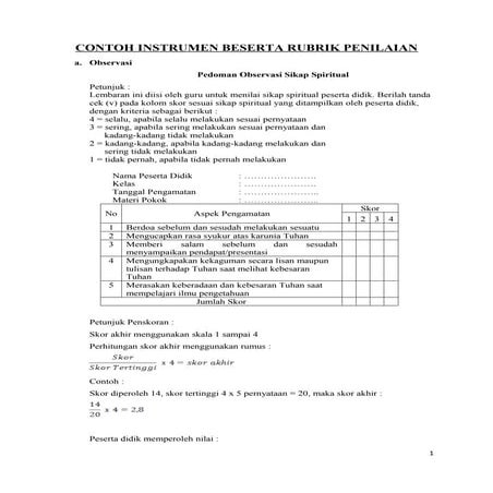 Contoh instrumen dan rubrik penilaian