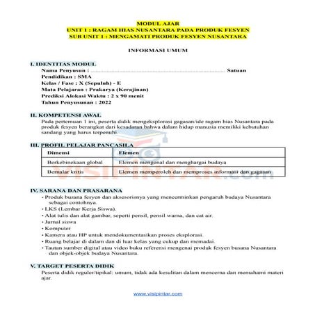 Modul Ajar PKWU Kerajinan SMA Kelas 10 Kurikulum Merdeka