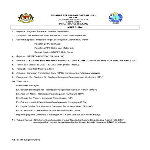 Contoh minit curai kursus