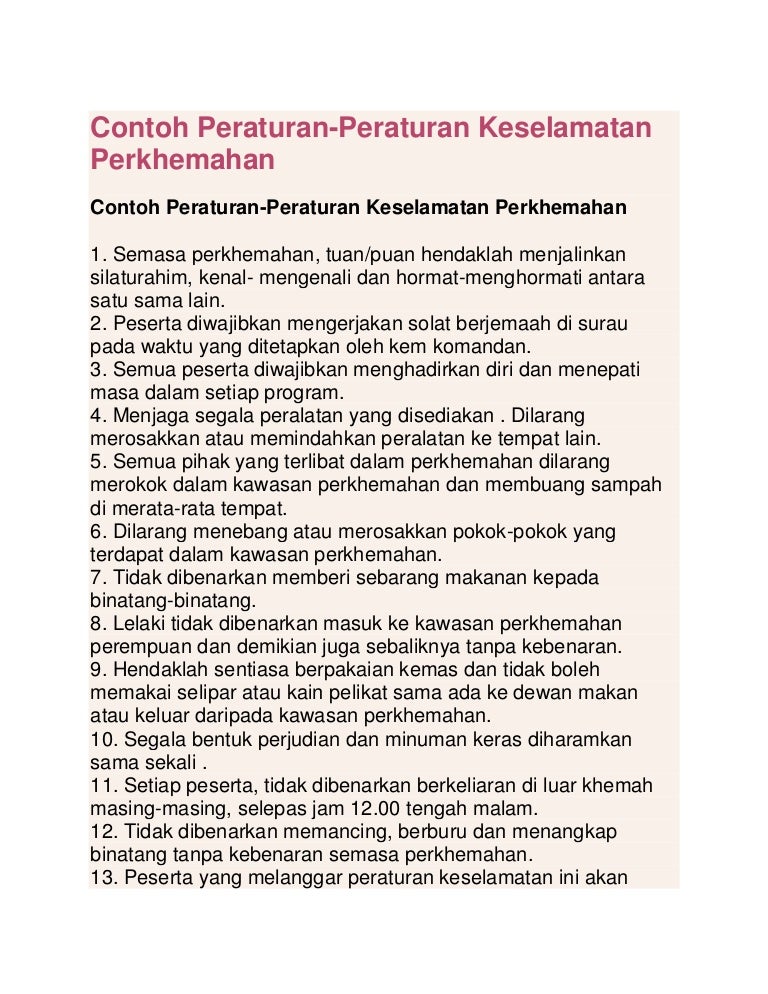 Contoh peraturan perkhemahan Contoh peraturan perkhemahan