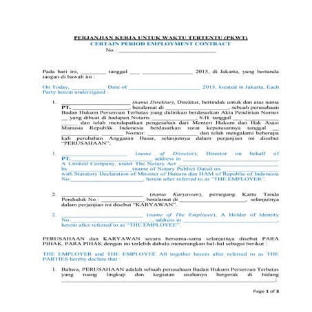 Contoh Perjanjian Kerja Kontrak ( 2 Bahasa )