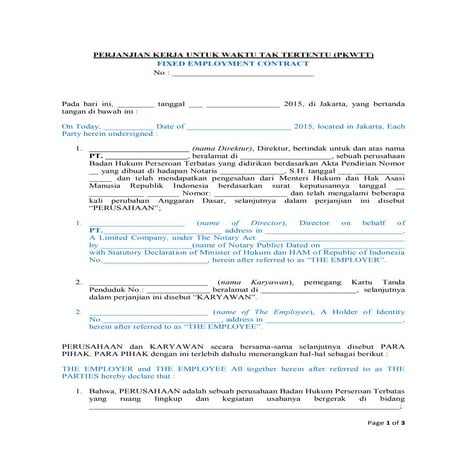 Contoh Perjajnjian Kerja Tetap Bilingual ( 2 Bahasa )