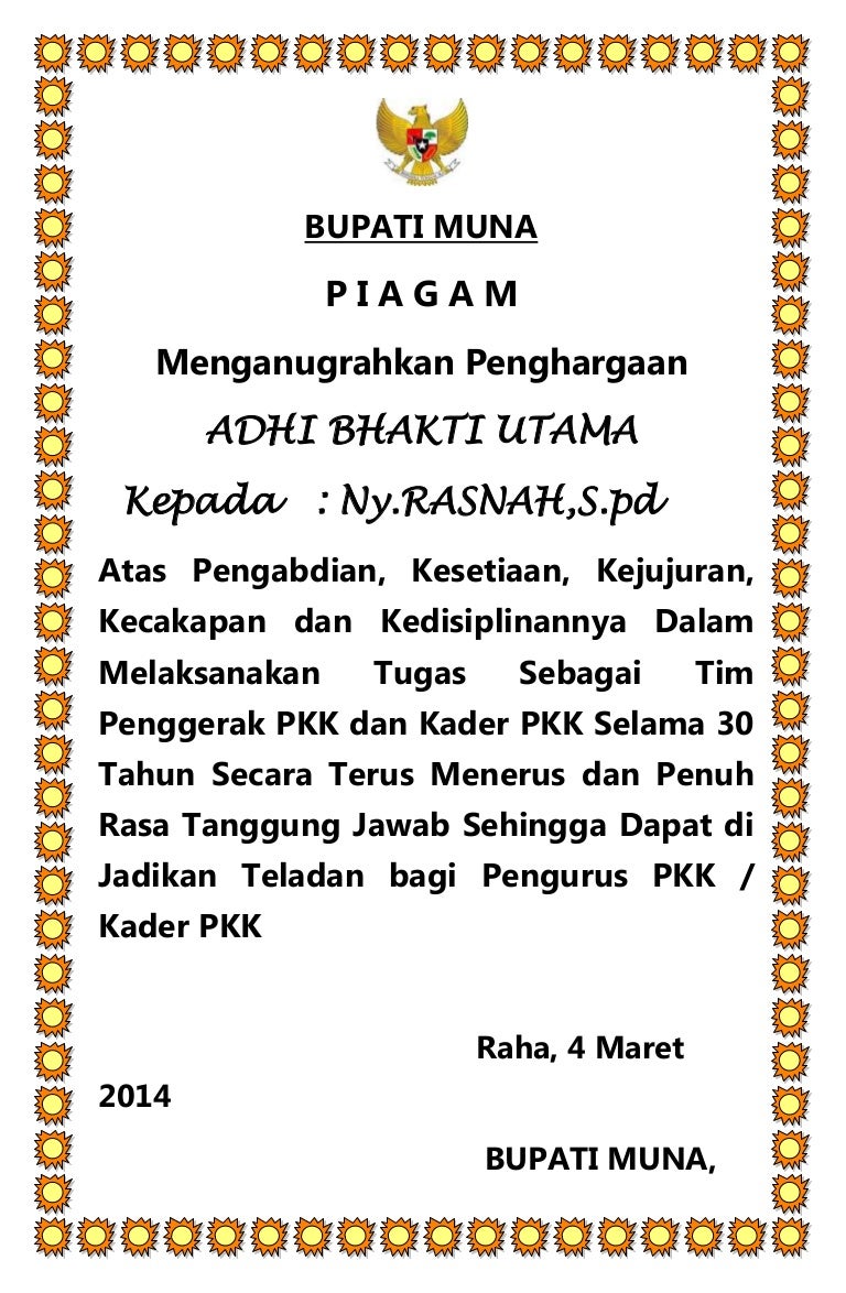 Contoh piagam penghargaan kabupaten muna