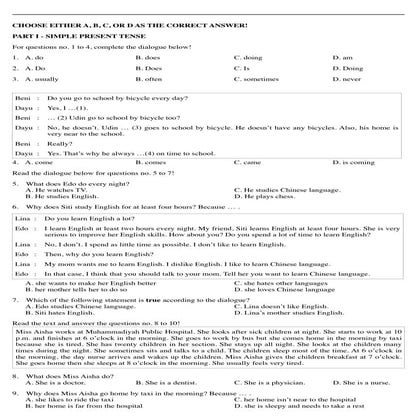 Contoh soal Bahasa Inggris Kelas 8 - Present Tense, Continuous Tense, Pronoun