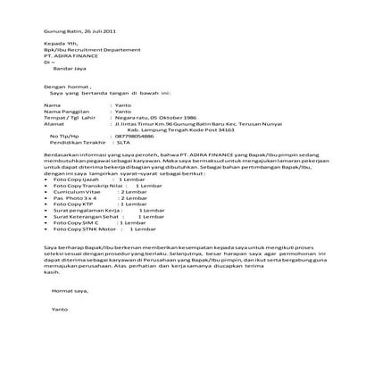 Contoh surat lamaran adira finance | PDF