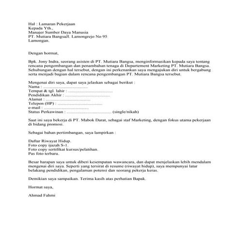 Contoh surat lamaran kerja 