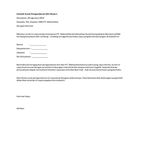 Contoh surat pengunduran diri kerja