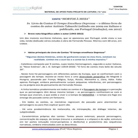 Projeto de leitura (12.º ano) - O Conto "Mortos à mesa" de António Tabucchi 