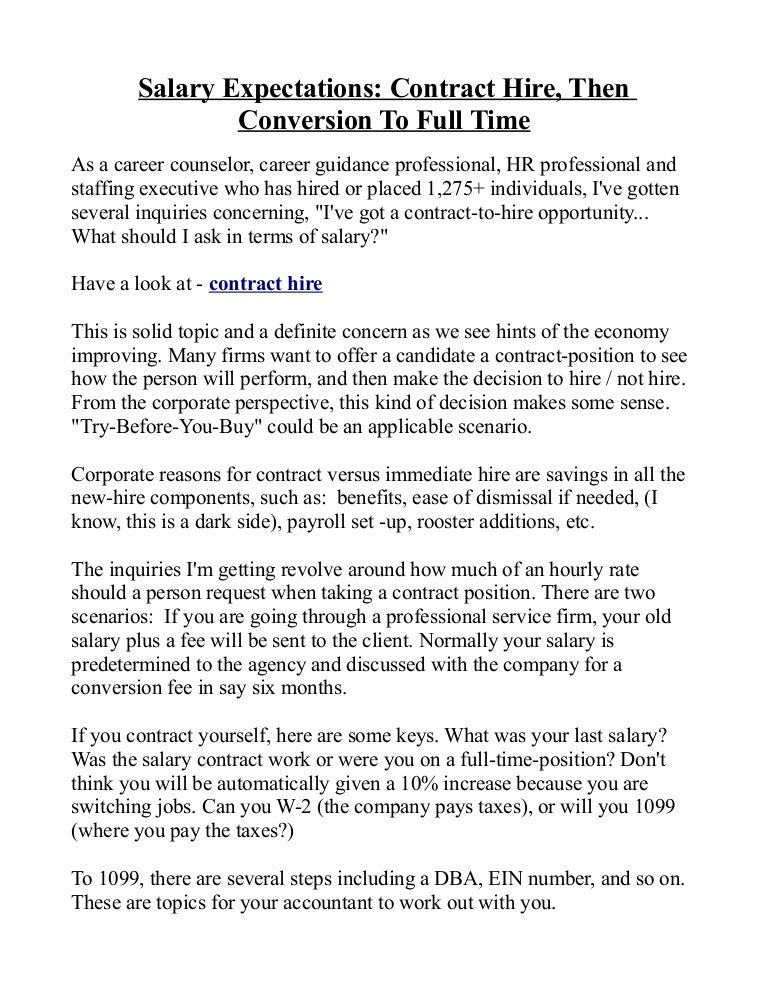 salary expectations contract hire then conversion to full time salary expectation