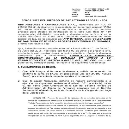 Contradiccion de una demanda de obligacion de dar suma de dinero