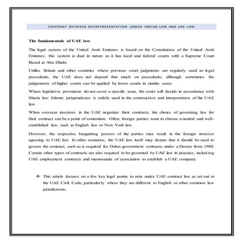 Contrast between misrepresentation under indian law and uae law