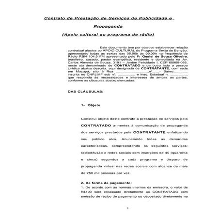Contrato propaganda programa sexta de bençãos