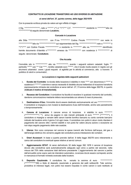Facsimile Contratto locazione commerciale transitorio