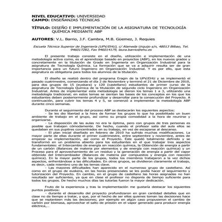 "Diseño e implementación de la asignatura de Tecnología Química mediante ABP", por Laura Barrio y colabs.