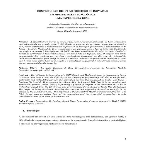 Contribuição de ict ao processo de inovação em mp es de base tecnológica   uma experiência real v final