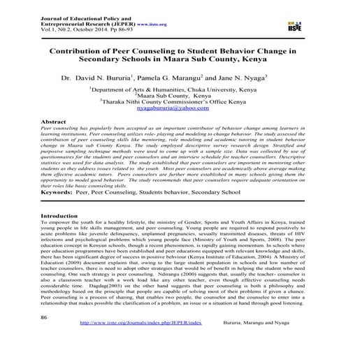 Contribution of peer counseling to student behavior change in 