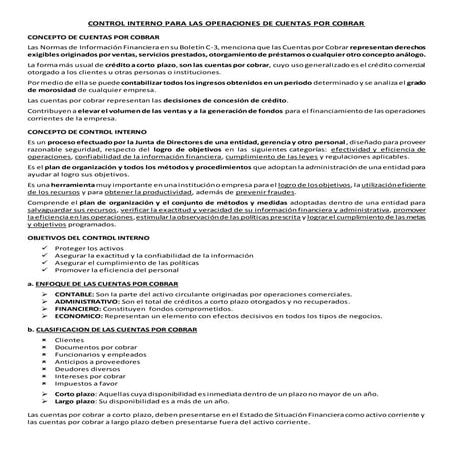 Control interno para las operaciones de cuentas por cobrar
